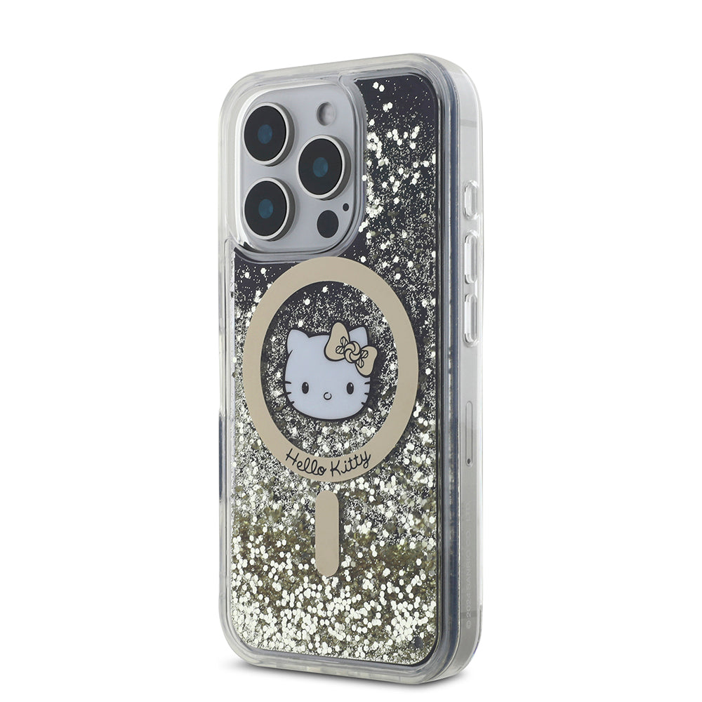 iPhone 16 Pro Max Kılıf Hello Kitty Orjinal Lisanslı M-safe Şarj Özellikli IML Baskı Kitty Head Logolu Sıvılı Simli Altın Ateşi Kapak