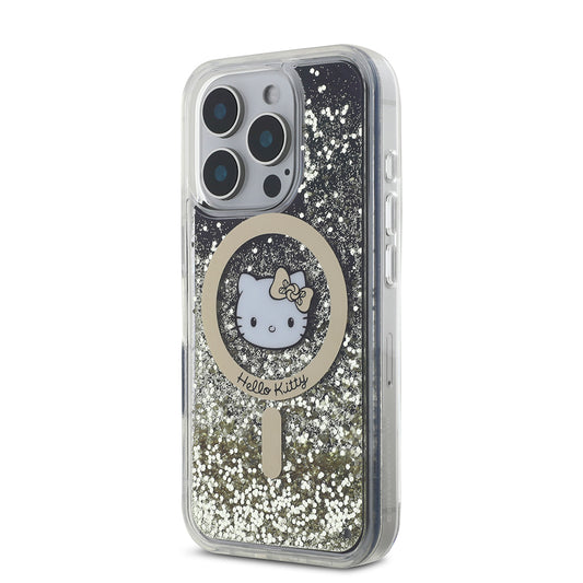 iPhone 16 Pro Max Kılıf Hello Kitty Orjinal Lisanslı M-safe Şarj Özellikli IML Baskı Kitty Head Logolu Sıvılı Simli Altın Ateşi Kapak