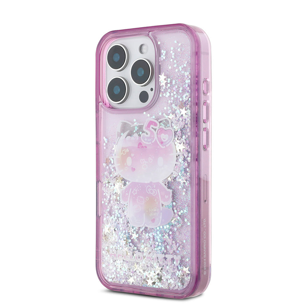 iPhone 16 Pro Max Kılıf Hello Kitty Orjinal Lisanslı Sıvılı Simli 50. Yıldönümü Partisi Kapak