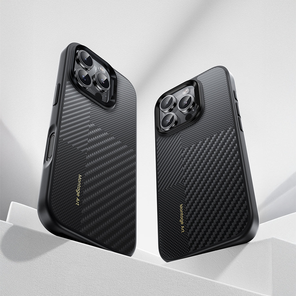 iPhone 16 Pro Max Kılıf Karbon Fiber M-safe Şarj Özellikli Kamera Kontrol Butonlu Benks Hybrid ArmorPro Montage Kevlar Kapak