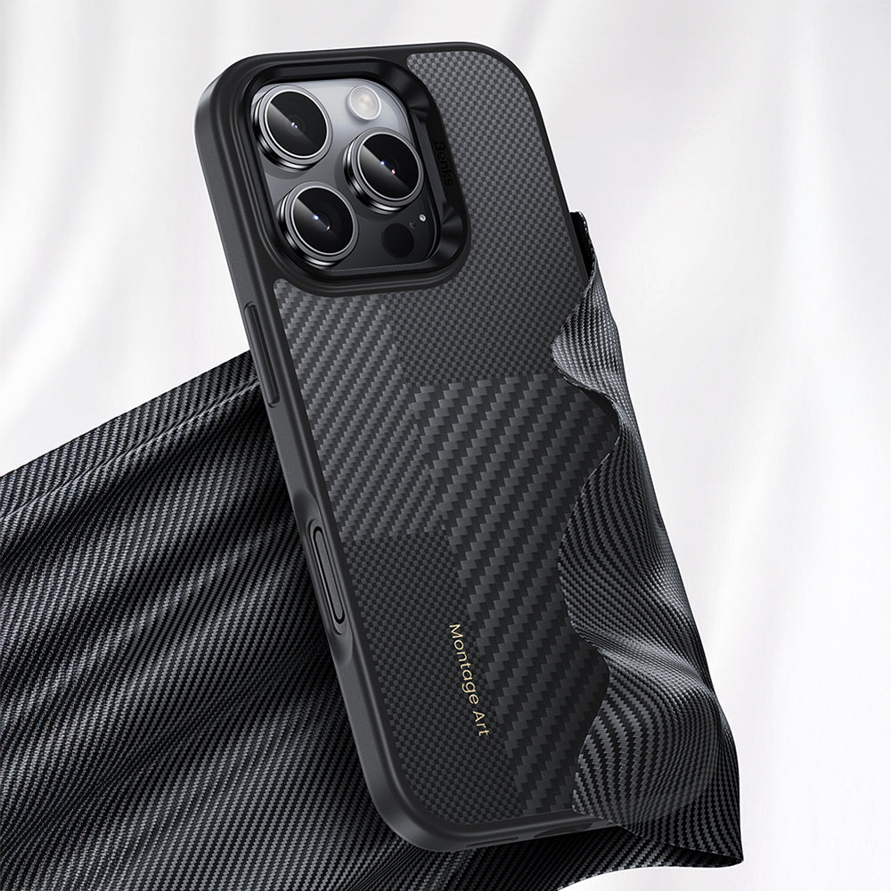 iPhone 16 Pro Max Kılıf Karbon Fiber M-safe Şarj Özellikli Kamera Kontrol Butonlu Benks Hybrid ArmorPro Montage Kevlar Kapak