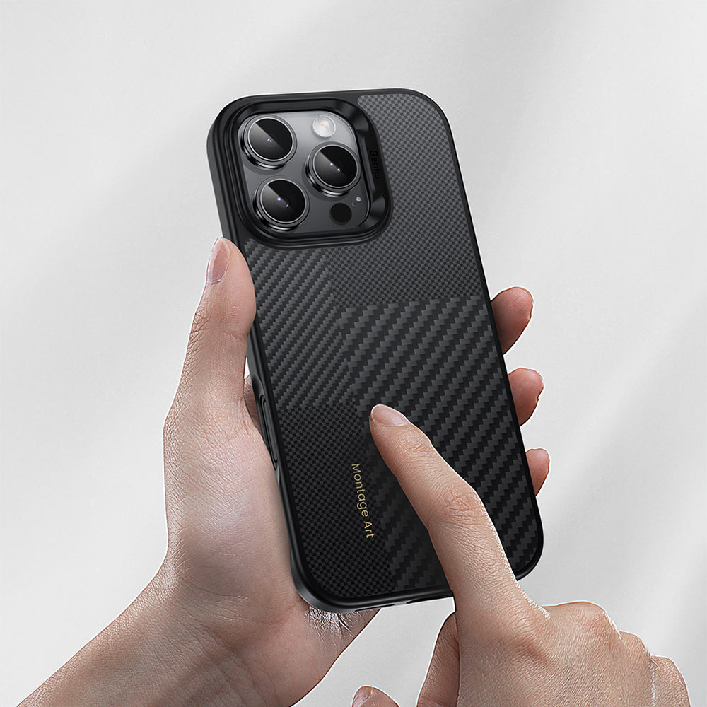 iPhone 16 Pro Max Kılıf Karbon Fiber M-safe Şarj Özellikli Kamera Kontrol Butonlu Benks Hybrid ArmorPro Montage Kevlar Kapak