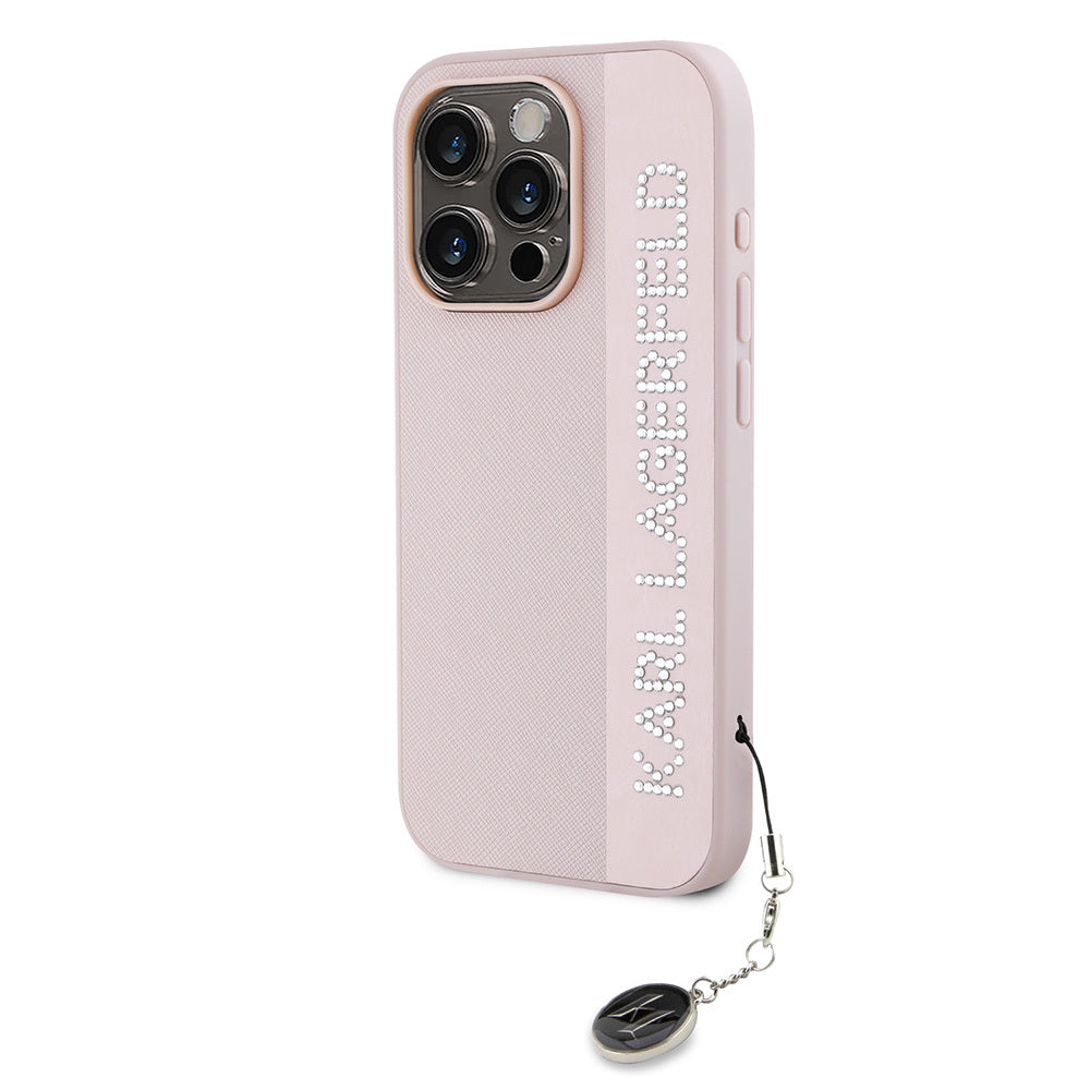 iPhone 16 Pro Max Kılıf Karl Lagerfeld Orjinal Lisanslı Anahtarlıklı Taşlı KL Yazılı Saffiano Rhinestones Kapak