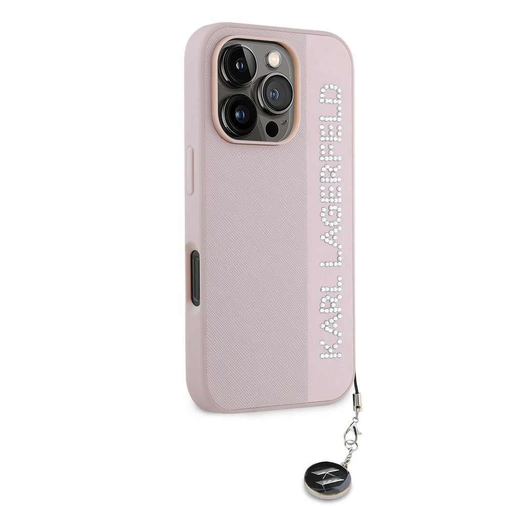 iPhone 16 Pro Max Kılıf Karl Lagerfeld Orjinal Lisanslı Anahtarlıklı Taşlı KL Yazılı Saffiano Rhinestones Kapak
