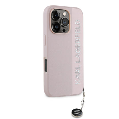 iPhone 16 Pro Max Kılıf Karl Lagerfeld Orjinal Lisanslı Anahtarlıklı Taşlı KL Yazılı Saffiano Rhinestones Kapak