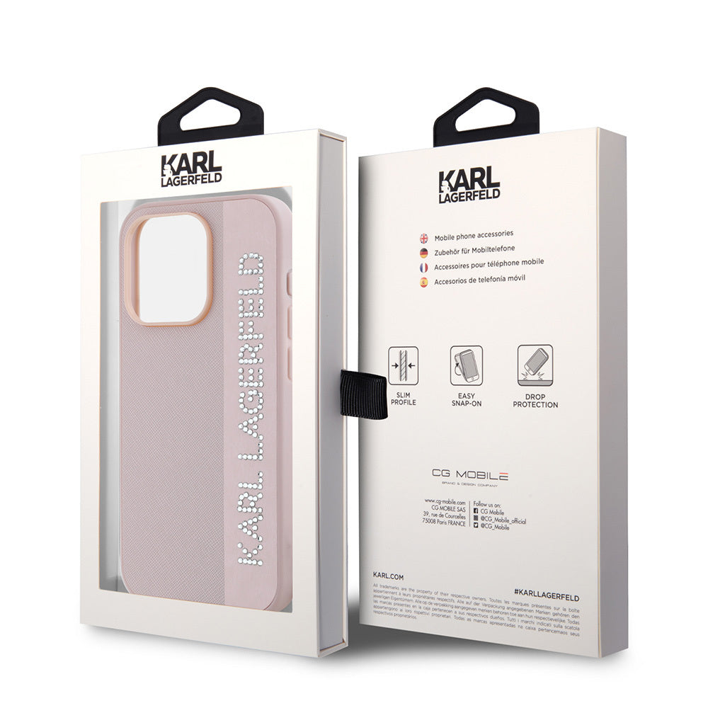 iPhone 16 Pro Max Kılıf Karl Lagerfeld Orjinal Lisanslı Anahtarlıklı Taşlı KL Yazılı Saffiano Rhinestones Kapak