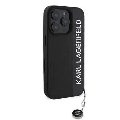 iPhone 16 Pro Max Kılıf Karl Lagerfeld Orjinal Lisanslı Anahtarlıklı Taşlı KL Yazılı Saffiano Rhinestones Kapak