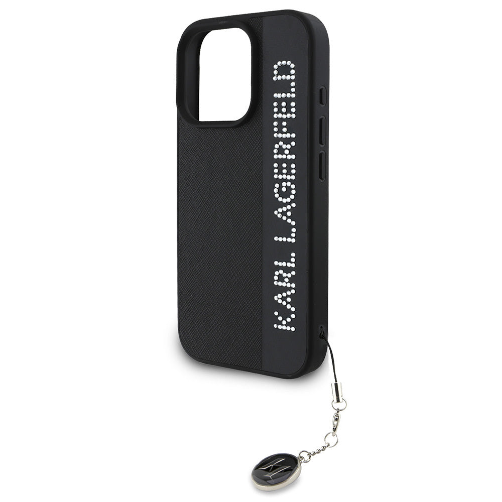 iPhone 16 Pro Max Kılıf Karl Lagerfeld Orjinal Lisanslı Anahtarlıklı Taşlı KL Yazılı Saffiano Rhinestones Kapak