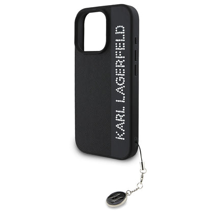 iPhone 16 Pro Max Kılıf Karl Lagerfeld Orjinal Lisanslı Anahtarlıklı Taşlı KL Yazılı Saffiano Rhinestones Kapak