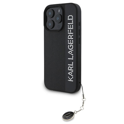 iPhone 16 Pro Max Kılıf Karl Lagerfeld Orjinal Lisanslı Anahtarlıklı Taşlı KL Yazılı Saffiano Rhinestones Kapak
