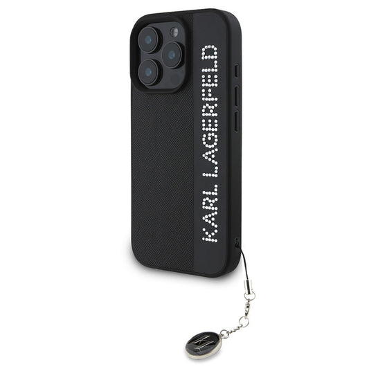 iPhone 16 Pro Max Kılıf Karl Lagerfeld Orjinal Lisanslı Anahtarlıklı Taşlı KL Yazılı Saffiano Rhinestones Kapak