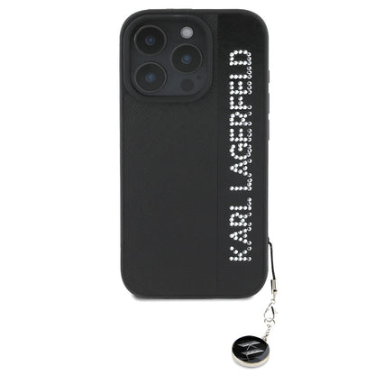 iPhone 16 Pro Max Kılıf Karl Lagerfeld Orjinal Lisanslı Anahtarlıklı Taşlı KL Yazılı Saffiano Rhinestones Kapak