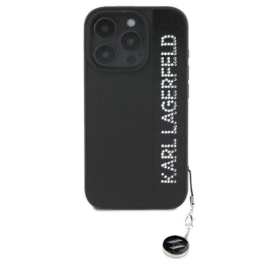 iPhone 16 Pro Max Kılıf Karl Lagerfeld Orjinal Lisanslı Anahtarlıklı Taşlı KL Yazılı Saffiano Rhinestones Kapak