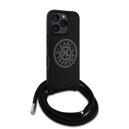 iPhone 16 Pro Max Kılıf Karl Lagerfeld Orjinal Lisanslı Askı İpli Taşlı KL Yazılı Crossbody Cord Kapak