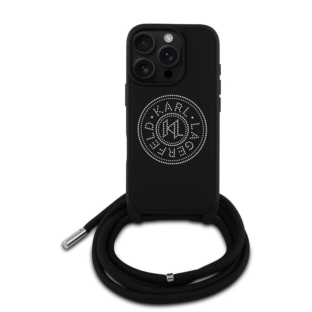 iPhone 16 Pro Max Kılıf Karl Lagerfeld Orjinal Lisanslı Askı İpli Taşlı KL Yazılı Crossbody Cord Kapak