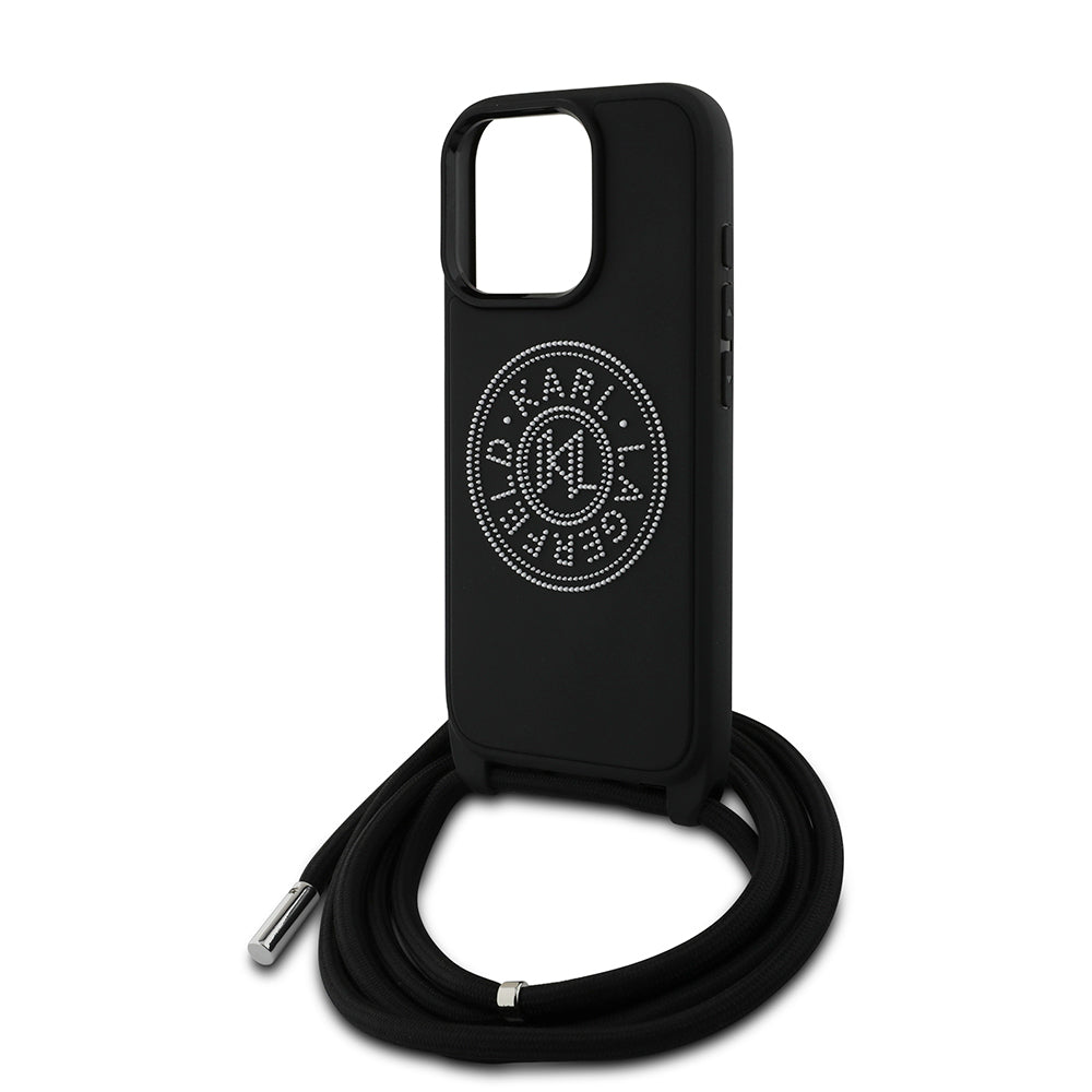 iPhone 16 Pro Max Kılıf Karl Lagerfeld Orjinal Lisanslı Askı İpli Taşlı KL Yazılı Crossbody Cord Kapak