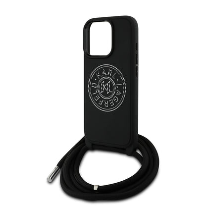 iPhone 16 Pro Max Kılıf Karl Lagerfeld Orjinal Lisanslı Askı İpli Taşlı KL Yazılı Crossbody Cord Kapak