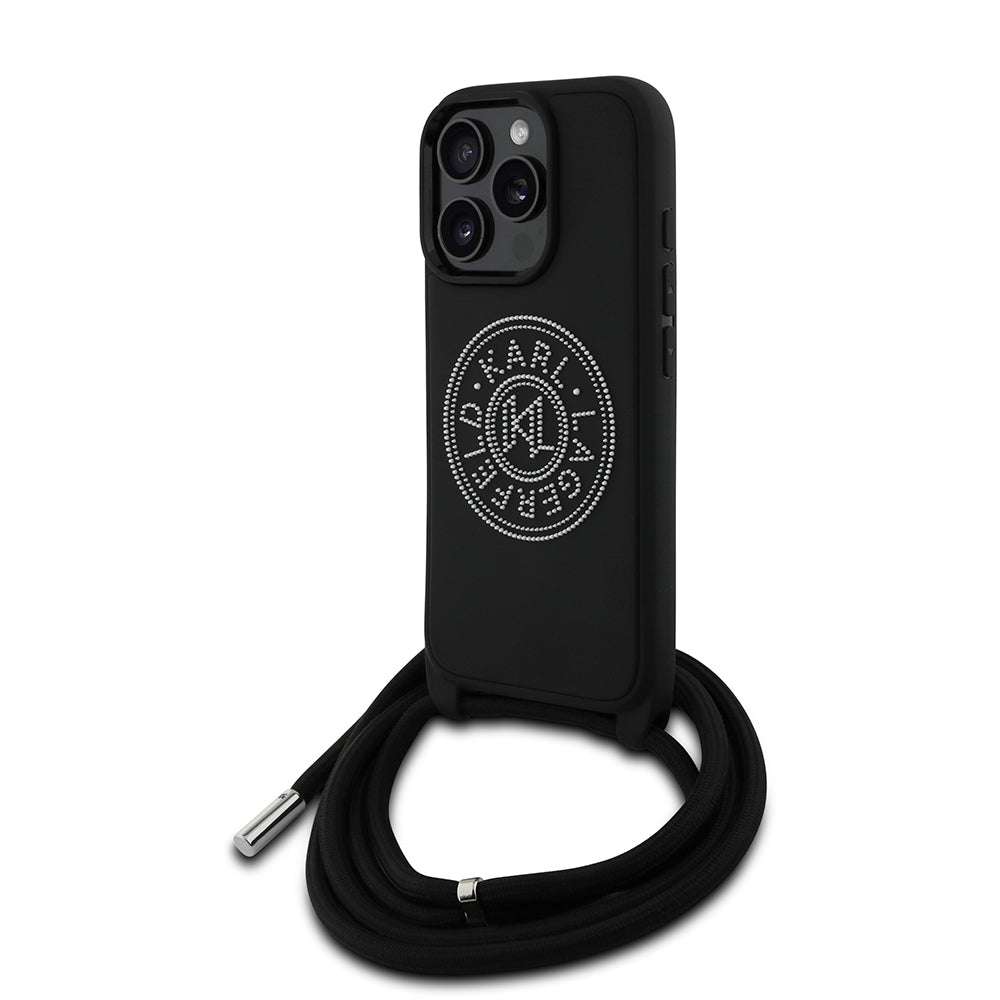 iPhone 16 Pro Max Kılıf Karl Lagerfeld Orjinal Lisanslı Askı İpli Taşlı KL Yazılı Crossbody Cord Kapak
