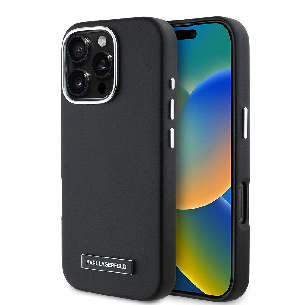 iPhone 16 Pro Max Kılıf Karl Lagerfeld Orjinal Lisanslı M-safe Şarj Özellikli Metal Kamera ve Buton Tasarımlı Plaka Logolu PU Deri Kapak