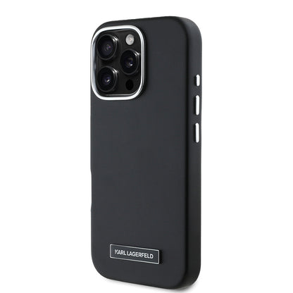 iPhone 16 Pro Max Kılıf Karl Lagerfeld Orjinal Lisanslı M-safe Şarj Özellikli Metal Kamera ve Buton Tasarımlı Plaka Logolu PU Deri Kapak