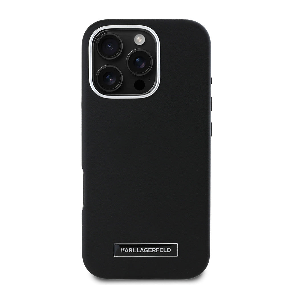 iPhone 16 Pro Max Kılıf Karl Lagerfeld Orjinal Lisanslı M-safe Şarj Özellikli Metal Kamera ve Buton Tasarımlı Plaka Logolu PU Deri Kapak