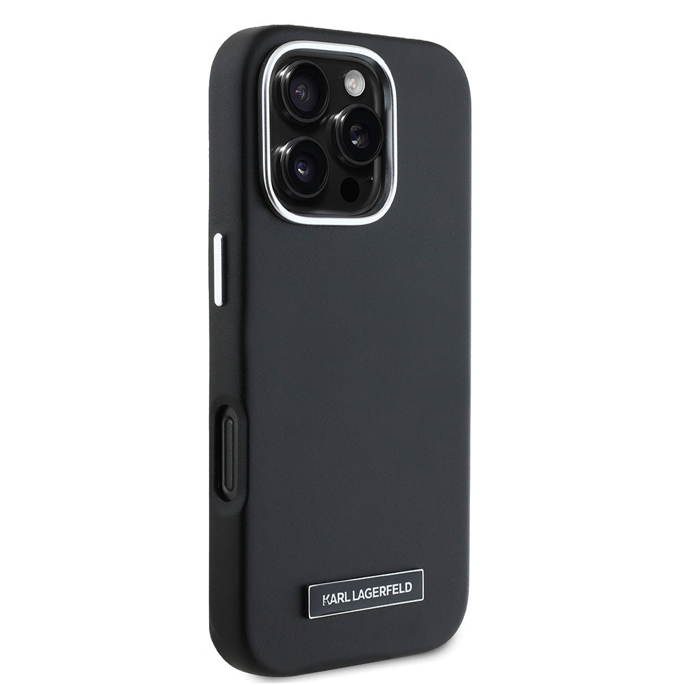 iPhone 16 Pro Max Kılıf Karl Lagerfeld Orjinal Lisanslı M-safe Şarj Özellikli Metal Kamera ve Buton Tasarımlı Plaka Logolu PU Deri Kapak