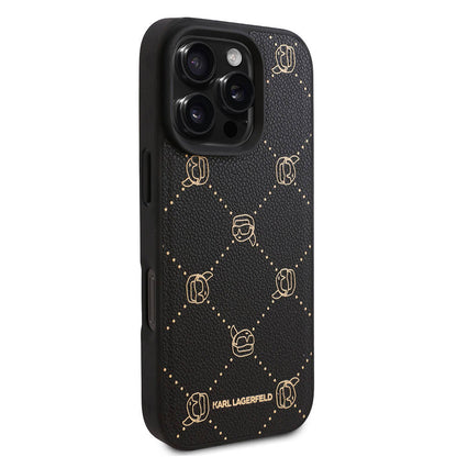 iPhone 16 Pro Max Kılıf Karl Lagerfeld Orjinal Lisanslı M-safe Şarj Özellikli PU Deri Karl Heads Desenli Klasik Logolu Kapak