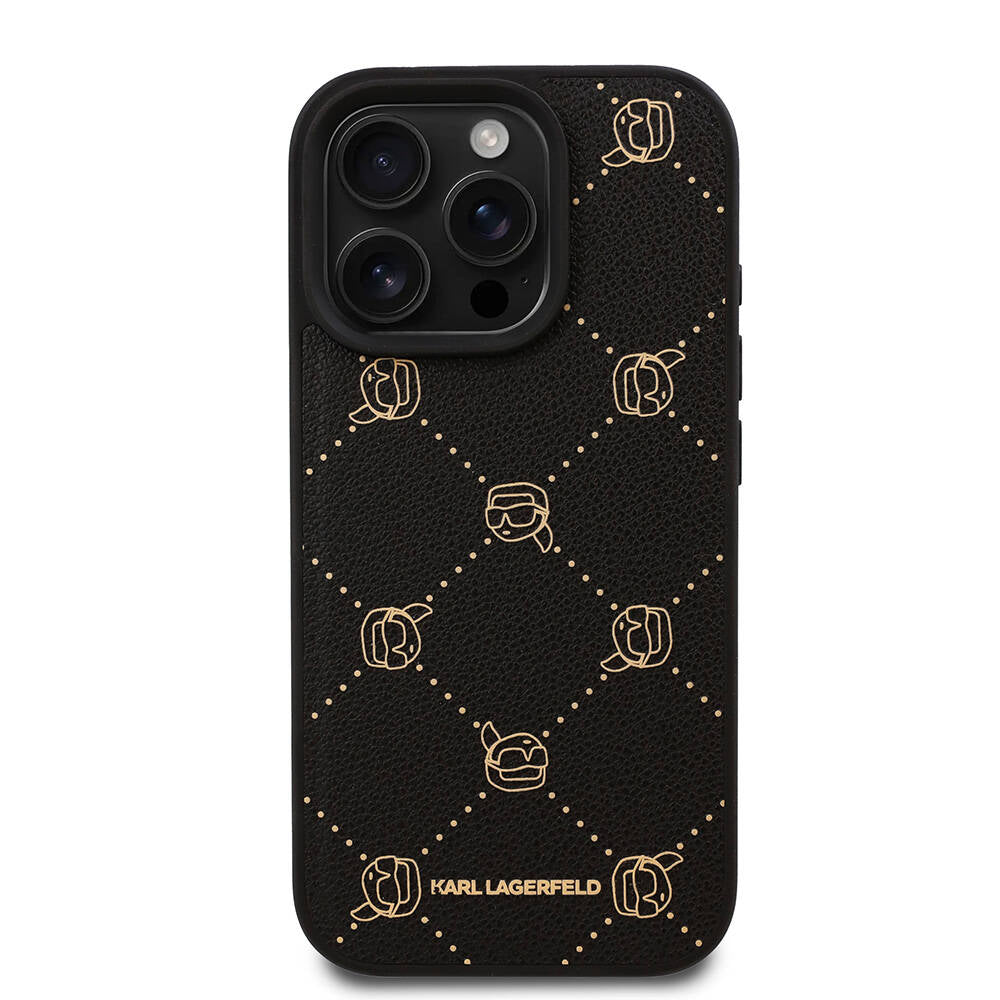 iPhone 16 Pro Max Kılıf Karl Lagerfeld Orjinal Lisanslı M-safe Şarj Özellikli PU Deri Karl Heads Desenli Klasik Logolu Kapak