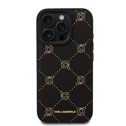 iPhone 16 Pro Max Kılıf Karl Lagerfeld Orjinal Lisanslı M-safe Şarj Özellikli PU Deri Karl Heads Desenli Klasik Logolu Kapak