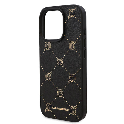 iPhone 16 Pro Max Kılıf Karl Lagerfeld Orjinal Lisanslı M-safe Şarj Özellikli PU Deri Karl Heads Desenli Klasik Logolu Kapak