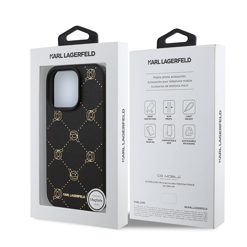 iPhone 16 Pro Max Kılıf Karl Lagerfeld Orjinal Lisanslı M-safe Şarj Özellikli PU Deri Karl Heads Desenli Klasik Logolu Kapak