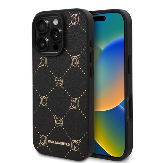 iPhone 16 Pro Max Kılıf Karl Lagerfeld Orjinal Lisanslı M-safe Şarj Özellikli PU Deri Karl Heads Desenli Klasik Logolu Kapak
