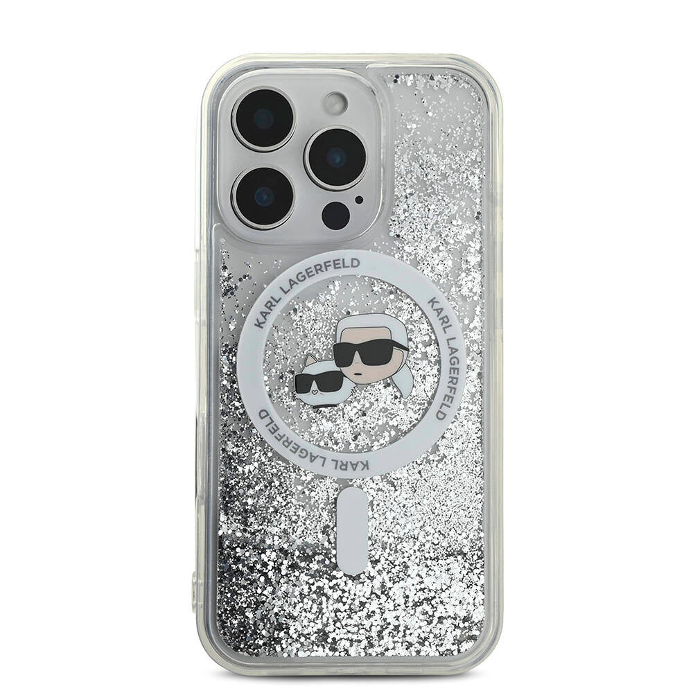 iPhone 16 Pro Max Kılıf Karl Lagerfeld Orjinal Lisanslı M-safe Şarj Özellikli Sıvılı Simli KC Heads Kapak