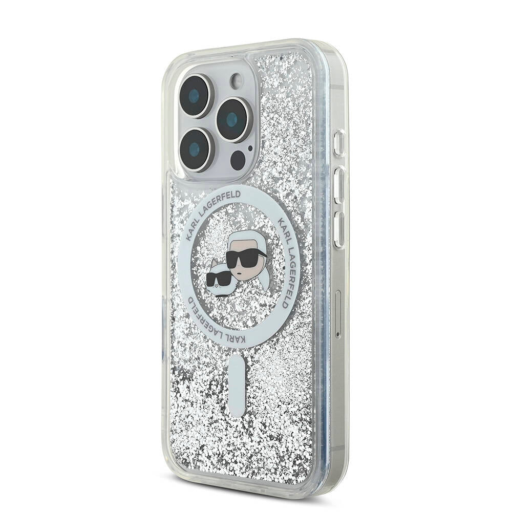 iPhone 16 Pro Max Kılıf Karl Lagerfeld Orjinal Lisanslı M-safe Şarj Özellikli Sıvılı Simli KC Heads Kapak