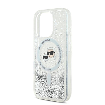 iPhone 16 Pro Max Kılıf Karl Lagerfeld Orjinal Lisanslı M-safe Şarj Özellikli Sıvılı Simli KC Heads Kapak