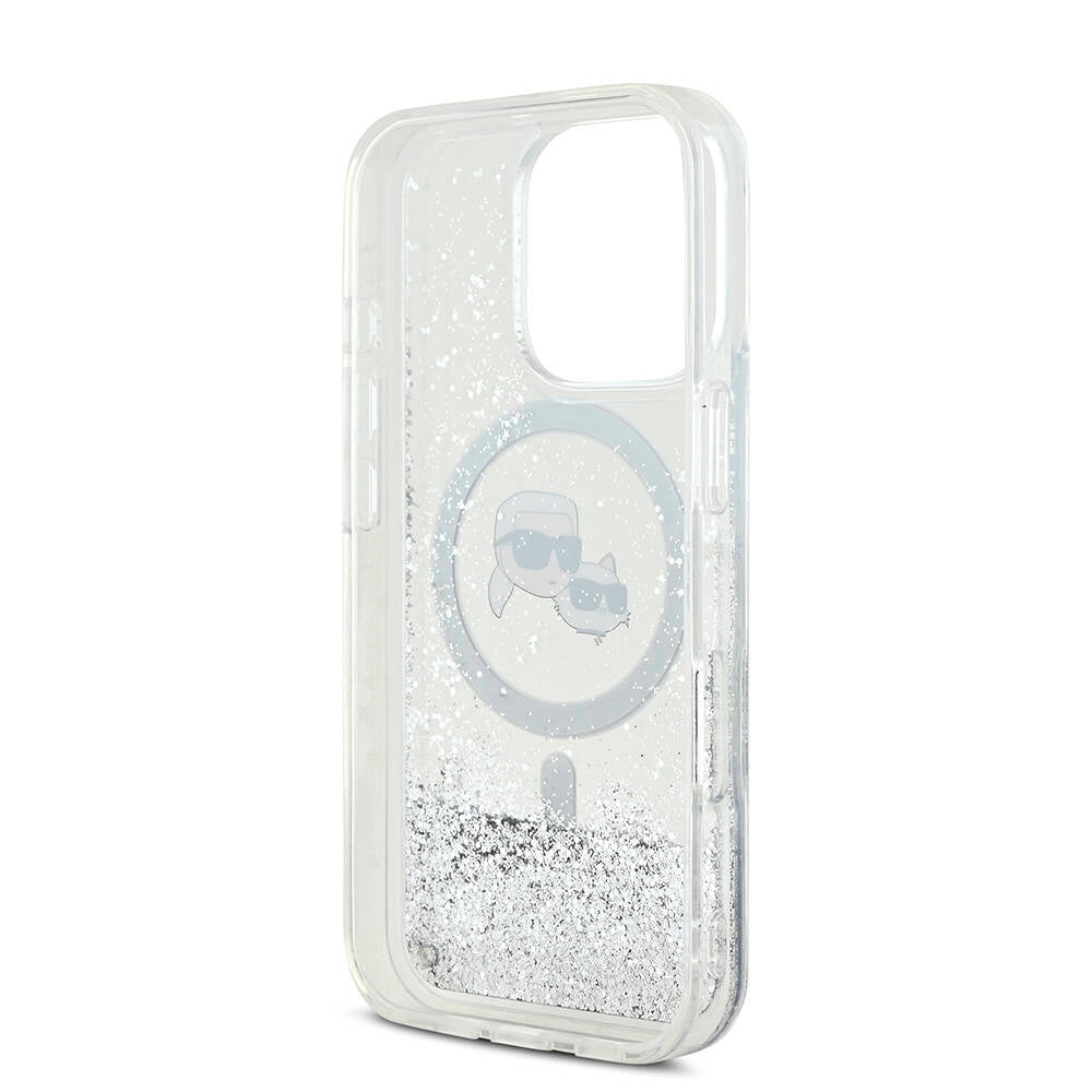 iPhone 16 Pro Max Kılıf Karl Lagerfeld Orjinal Lisanslı M-safe Şarj Özellikli Sıvılı Simli KC Heads Kapak