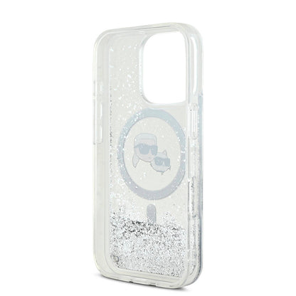 iPhone 16 Pro Max Kılıf Karl Lagerfeld Orjinal Lisanslı M-safe Şarj Özellikli Sıvılı Simli KC Heads Kapak