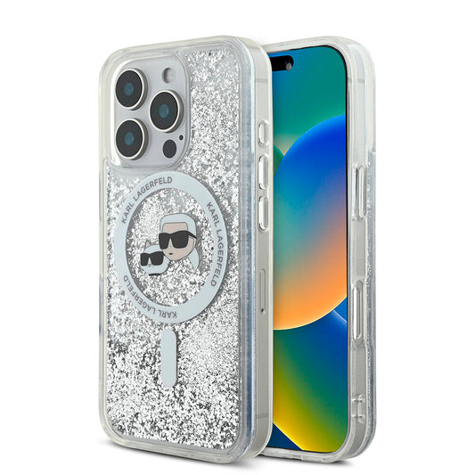 iPhone 16 Pro Max Kılıf Karl Lagerfeld Orjinal Lisanslı M-safe Şarj Özellikli Sıvılı Simli KC Heads Kapak