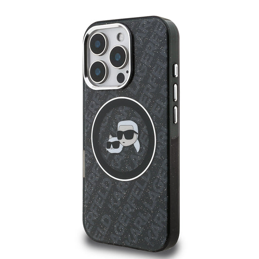 iPhone 16 Pro Max Kılıf Karl Lagerfeld Orjinal Lisanslı Parlayan Simli Karl & Choupette Heads Kapak
