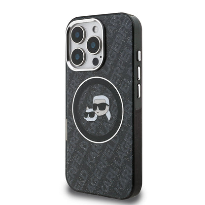 iPhone 16 Pro Max Kılıf Karl Lagerfeld Orjinal Lisanslı Parlayan Simli Karl & Choupette Heads Kapak