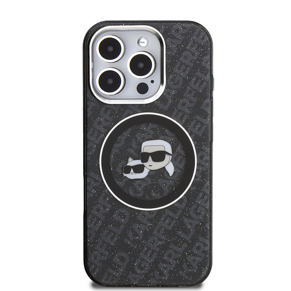 iPhone 16 Pro Max Kılıf Karl Lagerfeld Orjinal Lisanslı Parlayan Simli Karl & Choupette Heads Kapak