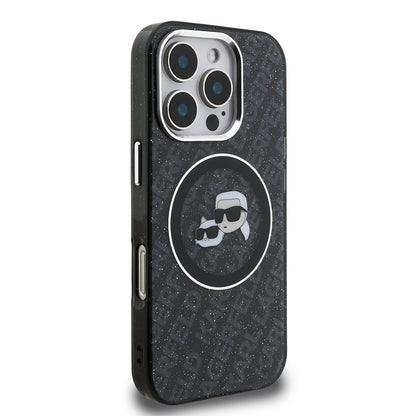 iPhone 16 Pro Max Kılıf Karl Lagerfeld Orjinal Lisanslı Parlayan Simli Karl & Choupette Heads Kapak