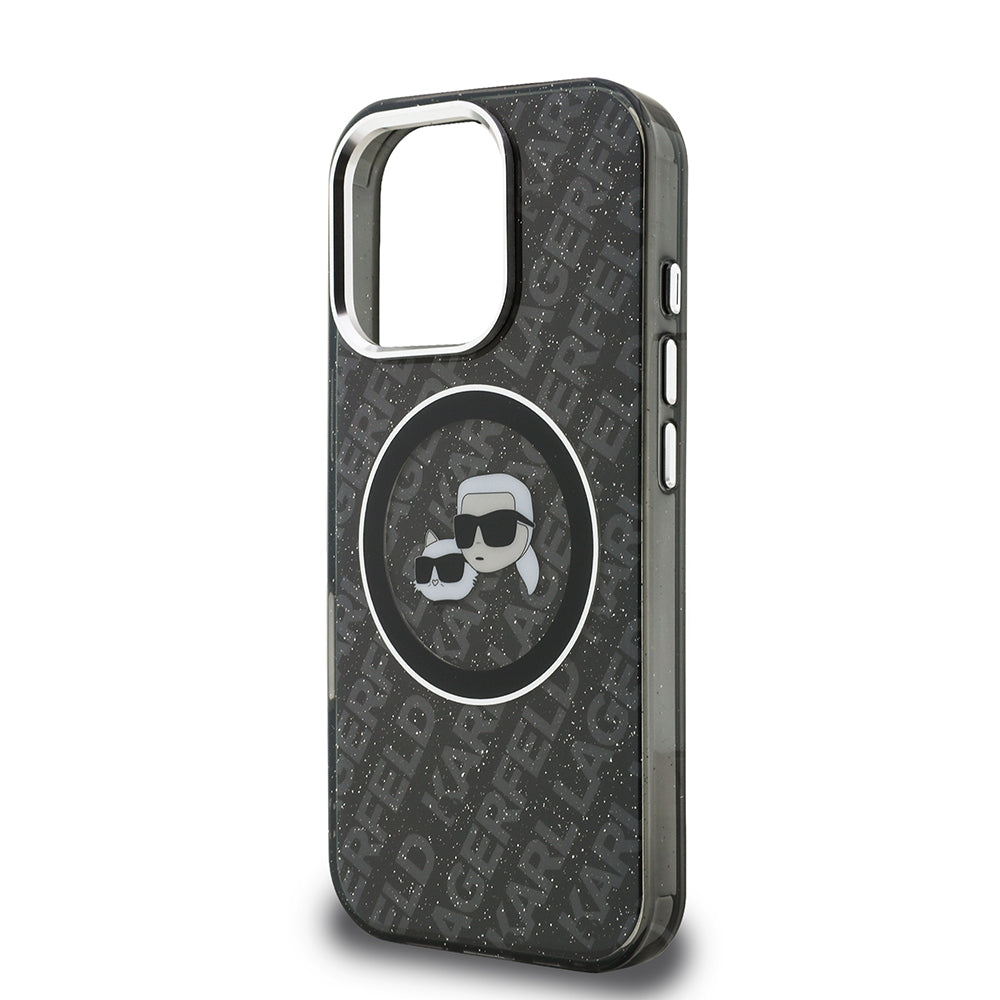iPhone 16 Pro Max Kılıf Karl Lagerfeld Orjinal Lisanslı Parlayan Simli Karl & Choupette Heads Kapak