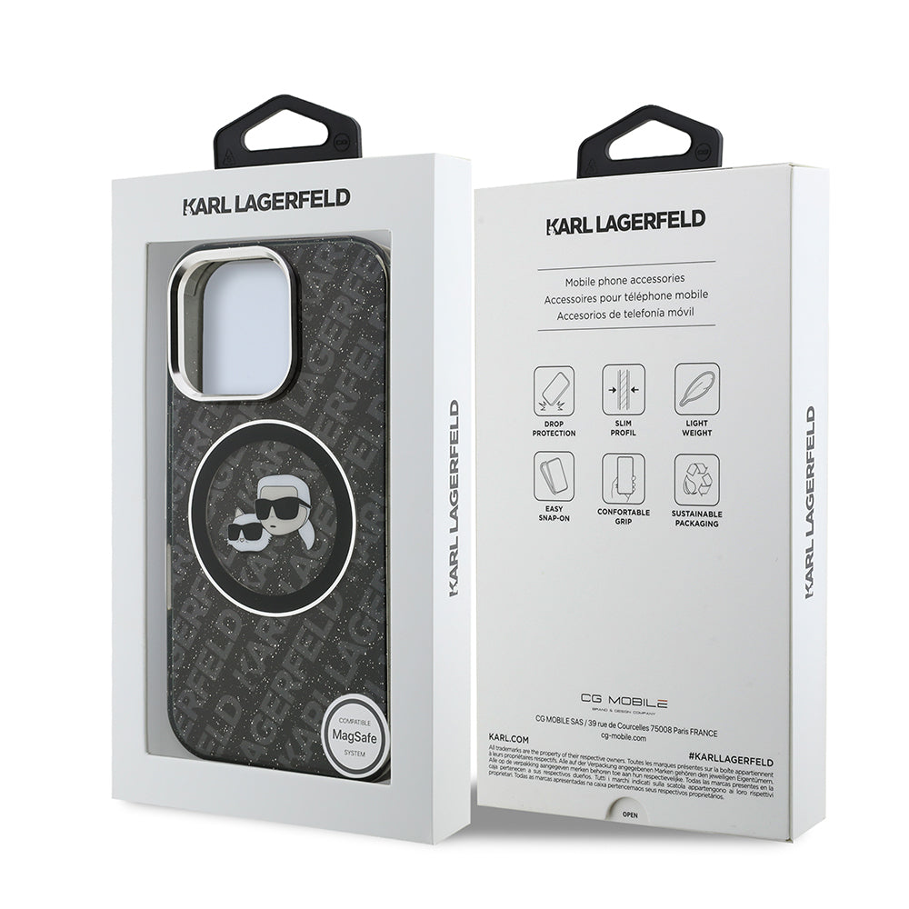 iPhone 16 Pro Max Kılıf Karl Lagerfeld Orjinal Lisanslı Parlayan Simli Karl & Choupette Heads Kapak