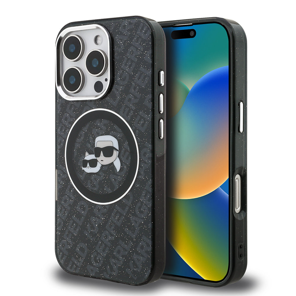 iPhone 16 Pro Max Kılıf Karl Lagerfeld Orjinal Lisanslı Parlayan Simli Karl & Choupette Heads Kapak