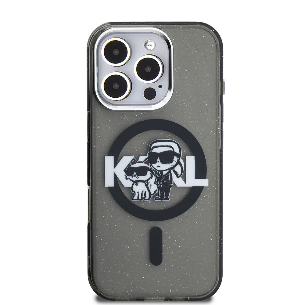 iPhone 16 Pro Max Kılıf Karl Lagerfeld Orjinal Lisanslı Parlayan Simli Karl & Choupette Sketch Logo Kapak