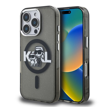 iPhone 16 Pro Max Kılıf Karl Lagerfeld Orjinal Lisanslı Parlayan Simli Karl & Choupette Sketch Logo Kapak