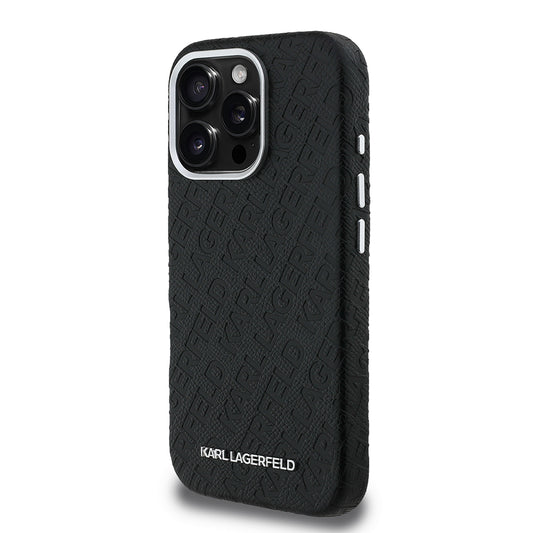 iPhone 16 Pro Max Kılıf Karl Lagerfeld Orjinal Lisanslı PU Deri Damgalı Metal Yazı Logolu Kapak