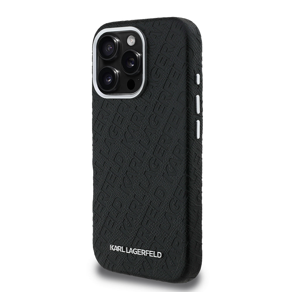 iPhone 16 Pro Max Kılıf Karl Lagerfeld Orjinal Lisanslı PU Deri Damgalı Metal Yazı Logolu Kapak