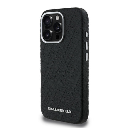 iPhone 16 Pro Max Kılıf Karl Lagerfeld Orjinal Lisanslı PU Deri Damgalı Metal Yazı Logolu Kapak